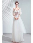 Pretty Cream White Long Tulle Party Dress Vneck With Cold Shoulder