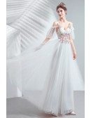 Pretty Cream White Long Tulle Party Dress Vneck With Cold Shoulder