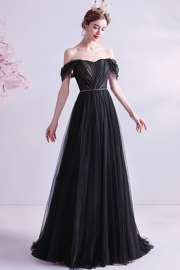 Formal Long Black Evening Prom Dress With Train Off Shoulder Wholesale ...