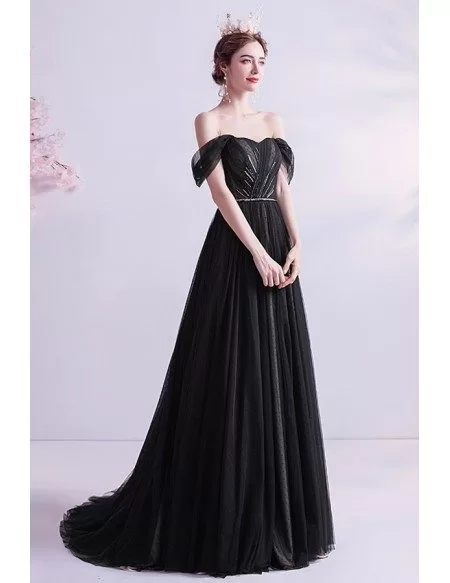 Formal Long Black Evening Prom Dress With Train Off Shoulder