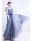 Romantic Vintage Blue Tulle Long Prom Dress With Square Neckline