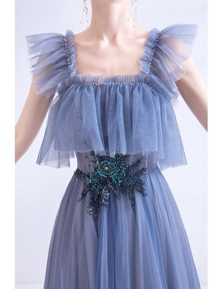 Romantic Vintage Blue Tulle Long Prom Dress With Square Neckline