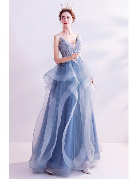 Beautiful Blue Ruffles Vneck Prom Dress With Appliques Wholesale # ...