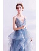 Beautiful Blue Ruffles Vneck Prom Dress With Appliques