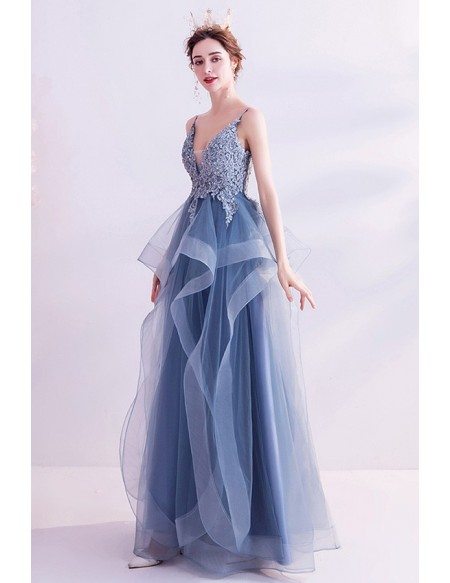 Beautiful Blue Ruffles Vneck Prom Dress With Appliques