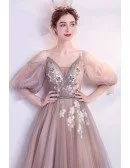 Coffee Brown Tulle Long Prom Dress With Cold Shoulder Half Sleeves