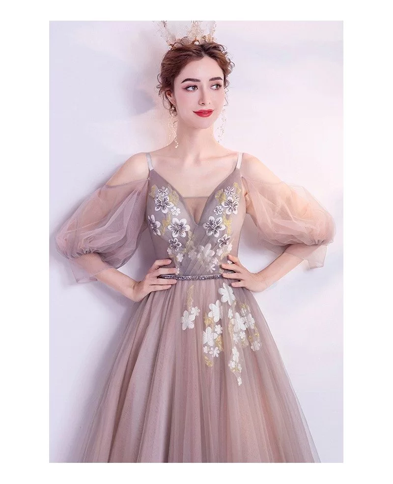 Coffee Brown Tulle Long Prom Dress With Cold Shoulder Half Sleeves ...