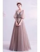 Coffee Brown Tulle Long Prom Dress With Cold Shoulder Half Sleeves