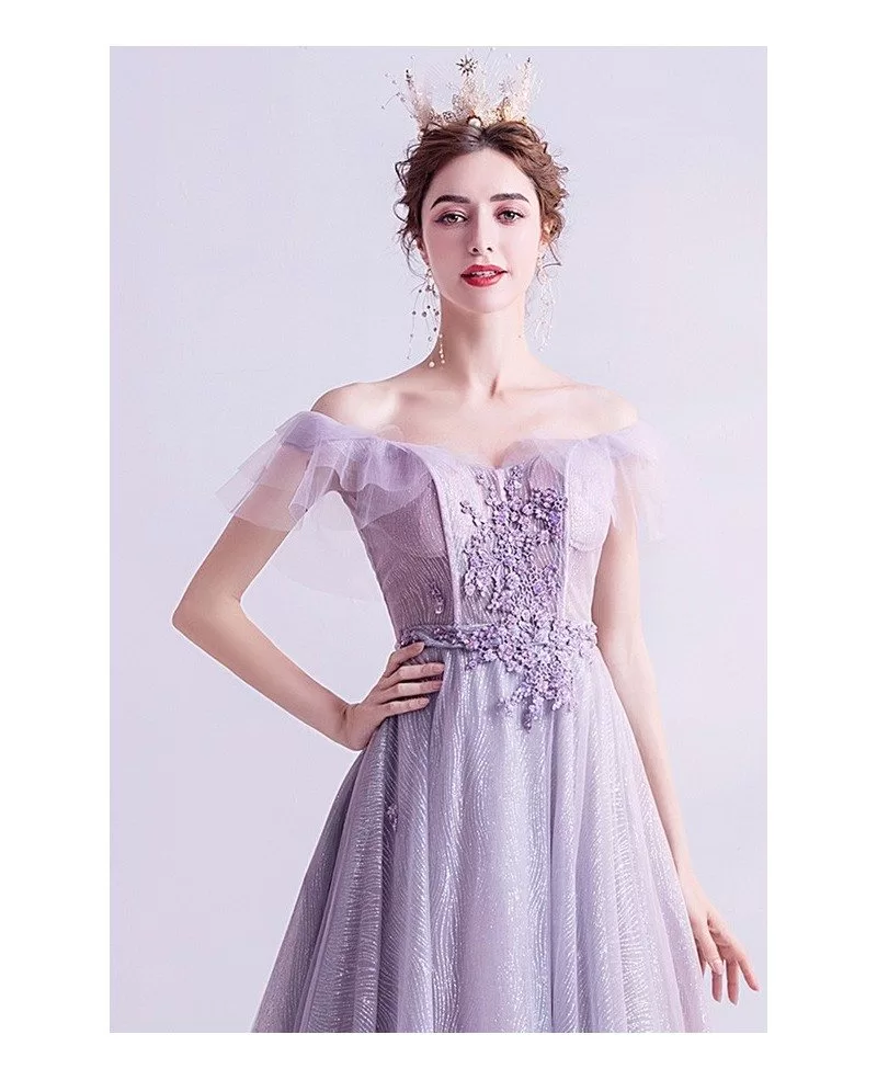 Fantasy Dusty Purple Fairy Prom Dress Off Shoulder With Train Wholesale ...