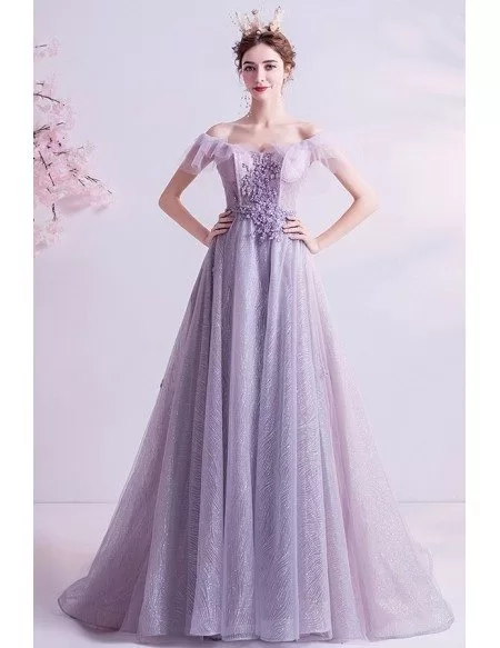 Fantasy Dusty Purple Fairy Prom Dress Off Shoulder With Train