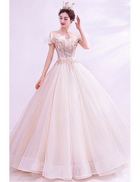 Romantic Big Ballgown Ivory Wedding Dress With Off Shoulder Bling