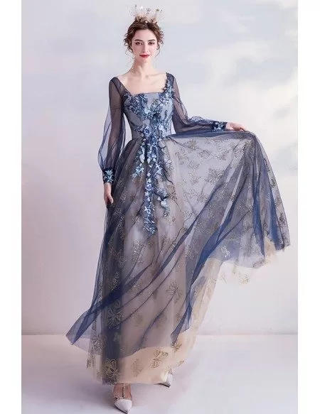 Retro Blue Square Neck Aline Prom Dress With Long Sheer Sleeves
