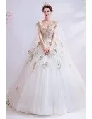 Princess Ballgown Wedding Dress With Shawl Golden Leaf Pattern