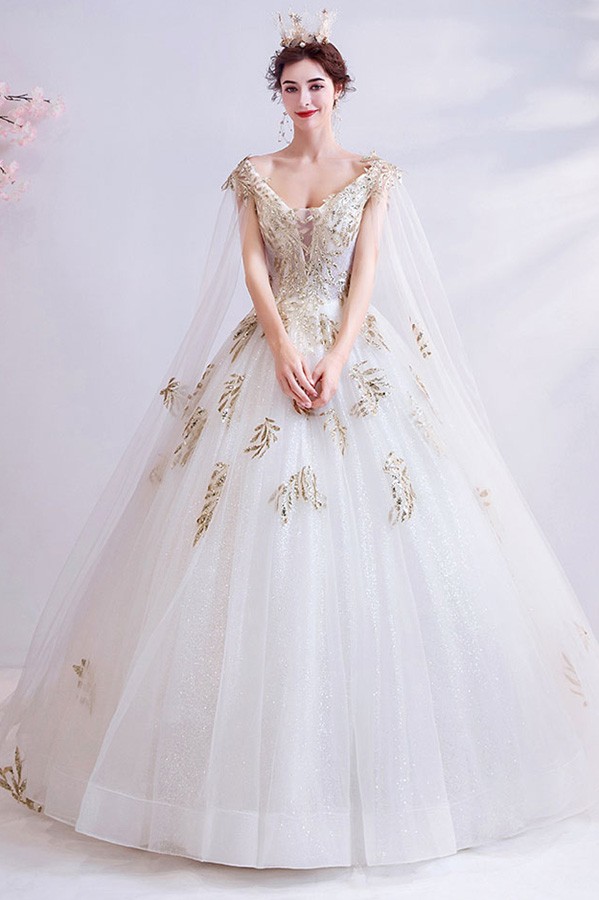 Princess Ballgown Wedding Dress With Shawl Golden Leaf Pattern ...