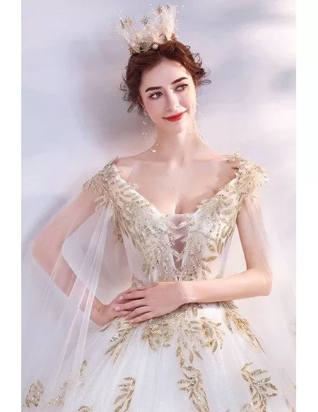 Princess Ballgown Wedding Dress With Shawl Golden Leaf Pattern