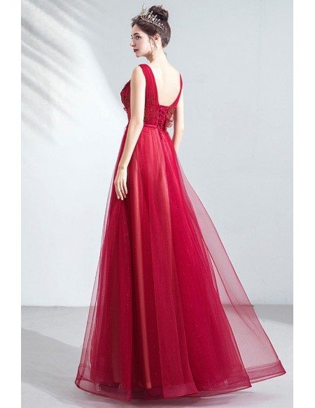 Burgundy Red Tulle Aline Prom Dress With Illusion Vneck