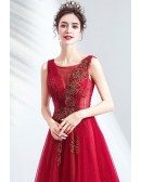 Burgundy Red Tulle Aline Prom Dress With Illusion Vneck