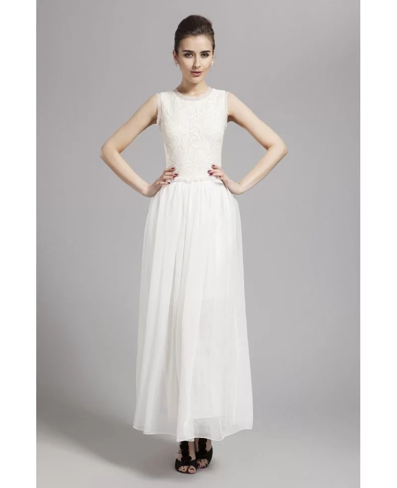 Stylish A-Line White Lace Chiffon Long Wedding Guest Dress #CK153 $78.2 - GemGrace.com