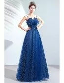 Blue Tulle Shinning Sequins Long Prom Dress With Spaghetti Straps
