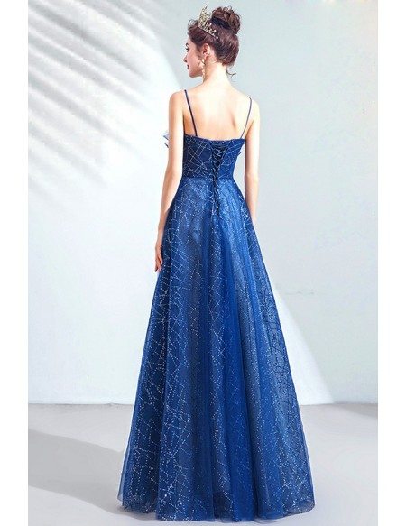 Blue Tulle Shinning Sequins Long Prom Dress With Spaghetti Straps ...