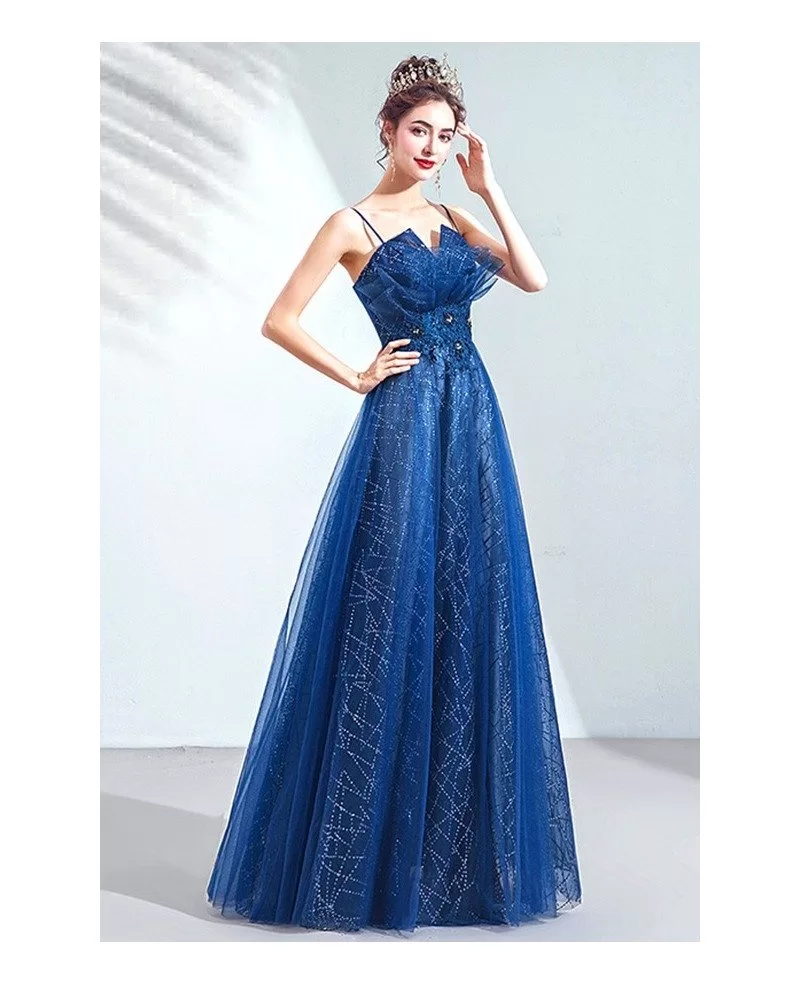Blue Tulle Shinning Sequins Long Prom Dress With Spaghetti Straps ...