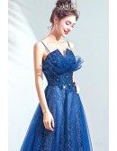 Blue Tulle Shinning Sequins Long Prom Dress With Spaghetti Straps