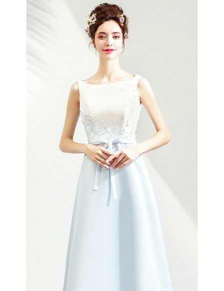 Light Blue With White Satin Party Prom Dress Train With Sash