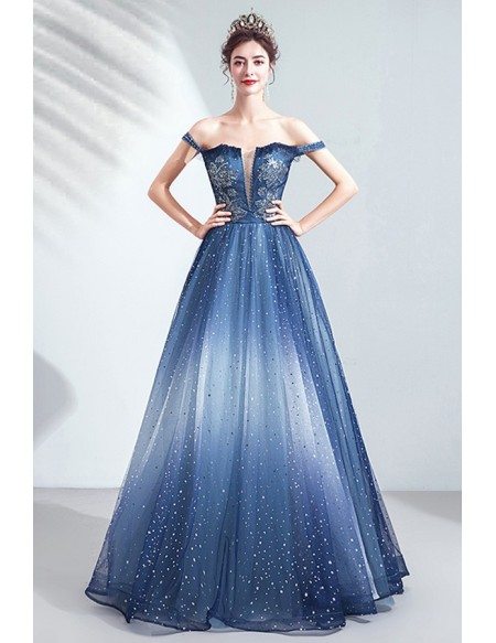 Dreamy Ombre Blue Sparkly Prom Dress With Bling Off Shoulder
