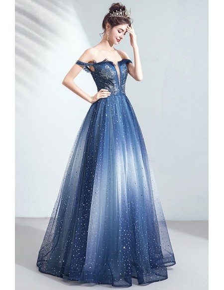 Dreamy Ombre Blue Sparkly Prom Dress With Bling Off Shoulder