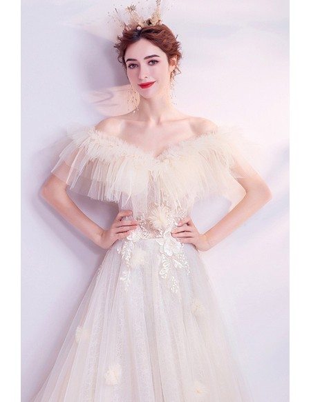 Cream White Romantic Wedding Dress Off Shoulder With Petals Train