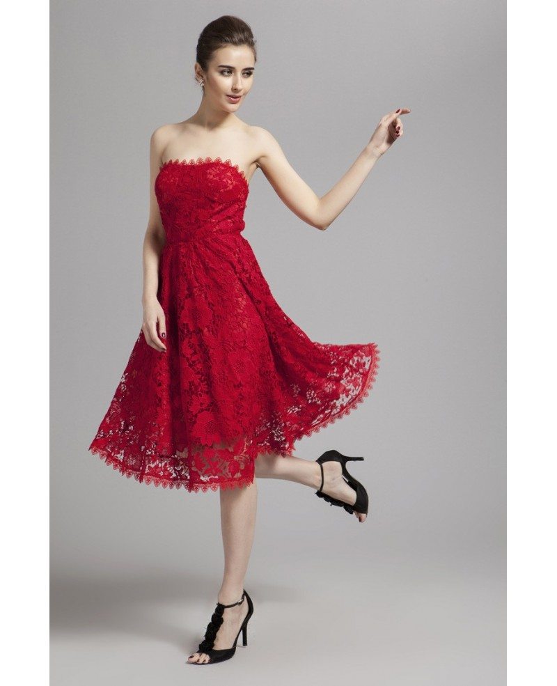 Hot Red Strapless Lace Ankle Length Short Dress #DK79 $96 - GemGrace.com