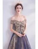 Classical Gold With Purple Tulle Prom Dress With Off Shoulder