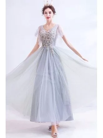 Flowy Grey Tulle Aline Prom Dress Vneck With Beaded Flowers