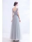 Flowy Grey Tulle Aline Prom Dress Vneck With Beaded Flowers