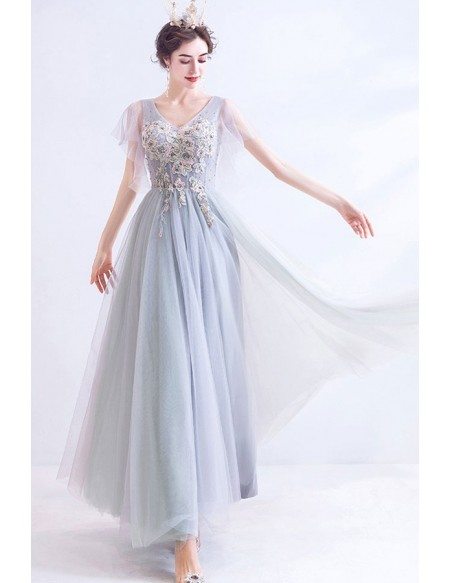 Flowy Grey Tulle Aline Prom Dress Vneck With Beaded Flowers Wholesale # ...