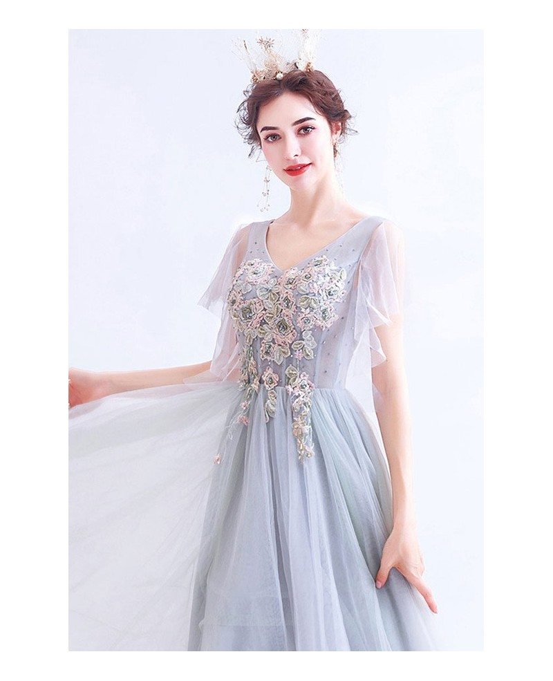 Flowy Grey Tulle Aline Prom Dress Vneck With Beaded Flowers Wholesale # ...
