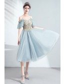 Dusty Green Blue Tea Length Party Dress With Straps