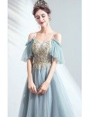 Dusty Green Blue Tea Length Party Dress With Straps