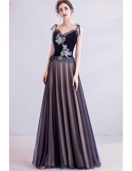 Dark Navy Blue Tulle Aline Prom Dress With Beaded Flowers Wholesale # ...