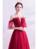 Bling Sequins Aline Long Tulle Prom Dress Burgundy Red With Cold Shoulder