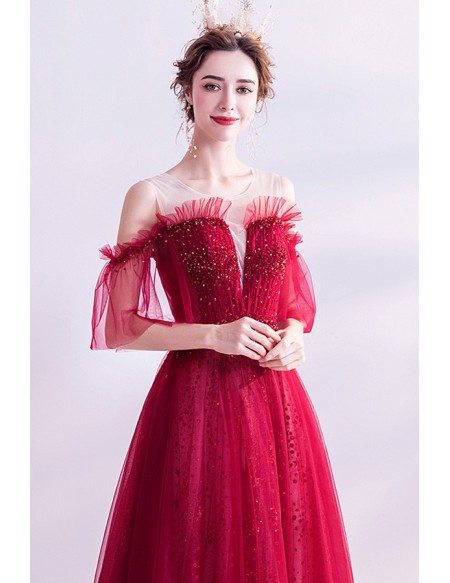Bling Sequins Aline Long Tulle Prom Dress Burgundy Red With Cold Shoulder