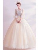 Light Champagne Ballgown Long Sleeve Prom Dress With Beaded Petals