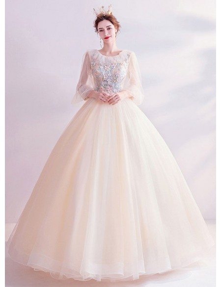 Light Champagne Ballgown Long Sleeve Prom Dress With Beaded Petals