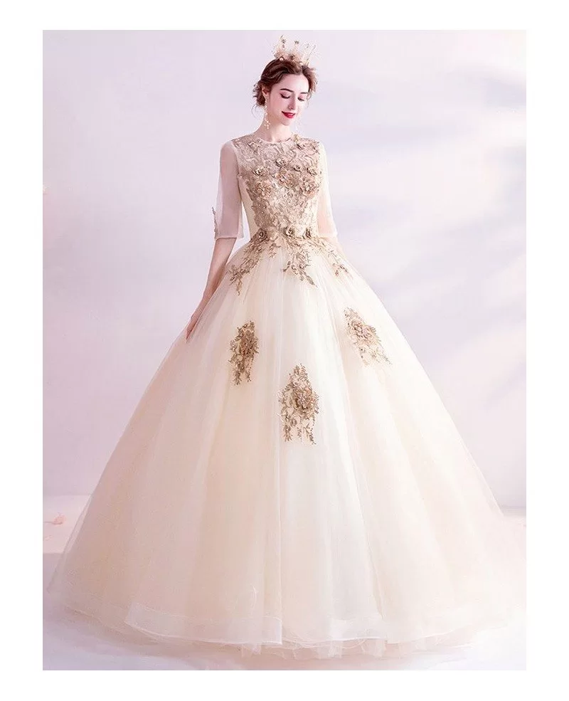 Luxe Champagne Gold Ballgown Wedding Dress With Half Sleeves Embroidery ...
