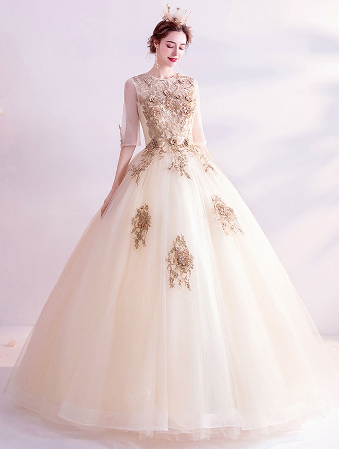 Luxe Champagne Gold Ballgown Wedding Dress With Half Sleeves Embroidery ...