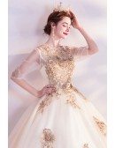 Luxe Champagne Gold Ballgown Wedding Dress With Half Sleeves Embroidery
