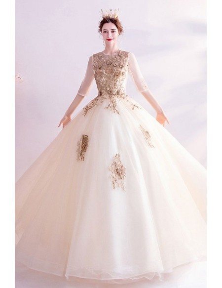 Luxe Champagne Gold Ballgown Wedding Dress With Half Sleeves Embroidery