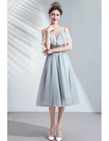 Grey Comfy Knee Length Tulle Party Dress With Illusion Neckline