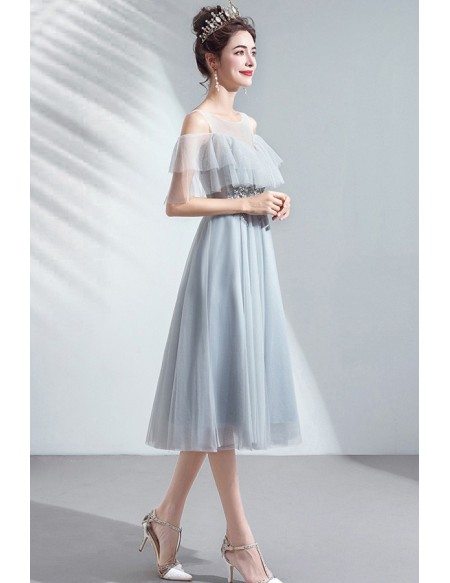 Grey Comfy Knee Length Tulle Party Dress With Illusion Neckline