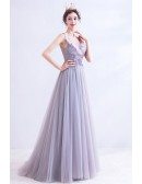 Light Purple Long Tulle Vneck Prom Dress With Beadings